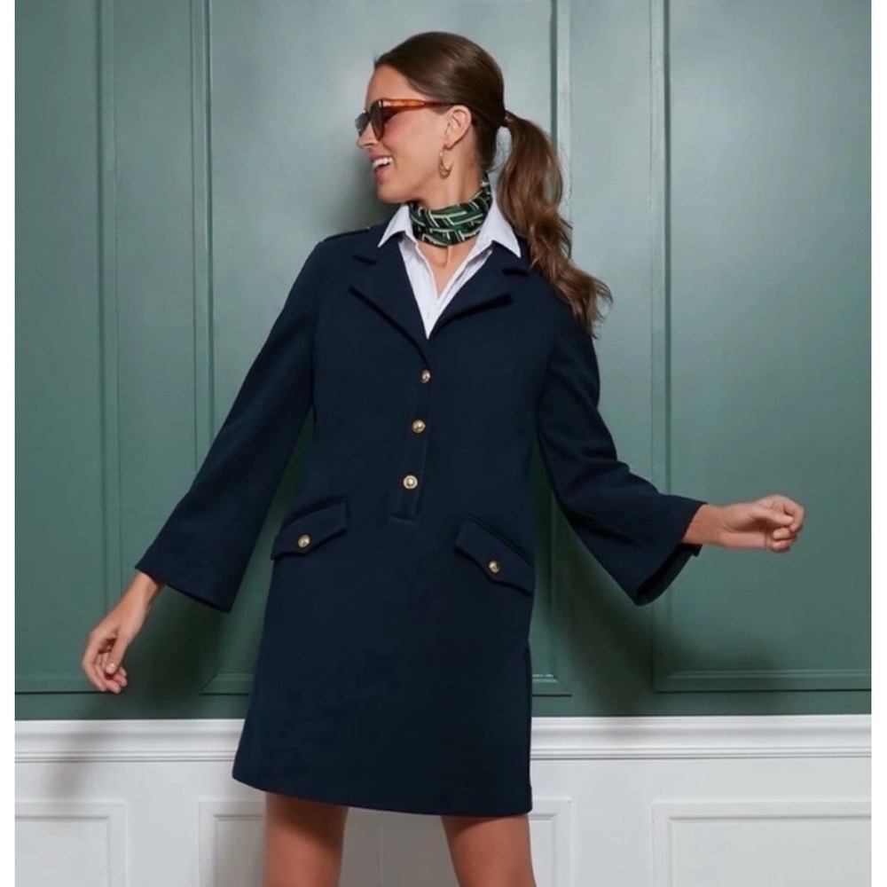 Tuckernuck Malia Dress Navy Blue Gold Button Knit A-Line Shift‎ XL